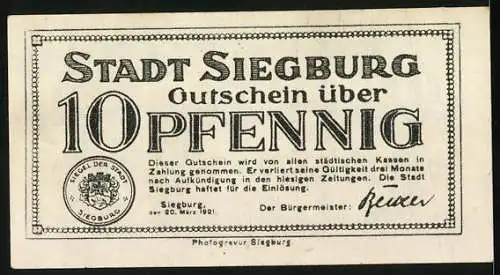 Notgeld Siegburg 1921, 10 Pfennig, Siegel der Stadt und Wappen