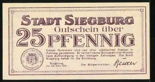 Notgeld Siegburg 1921, 25 Pfennig, Blick auf das Umland