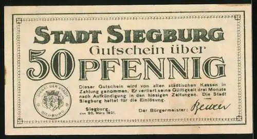 Notgeld Siegburg 1921, 50 Pfennig, Blick auf die Stadt