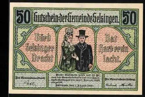 Notgeld Selsingen 1920, 50 Pfennig, Feld und Paar in Tracht