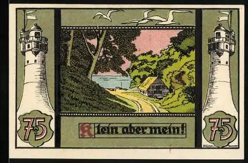 Notgeld Sellin a. Rügen 1921, 15 Pfennig, Leuchttürme und Partie am Ufer