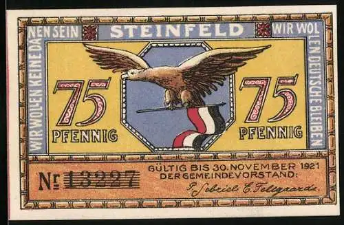 Notgeld Steinfeld 1921, 75 Pfennig, Adler mit Fahne und Bauern auf dem Feld