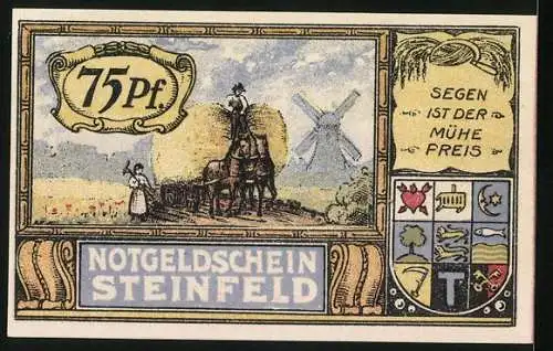 Notgeld Steinfeld 1921, 75 Pfennig, Adler mit Fahne und Bauern auf dem Feld
