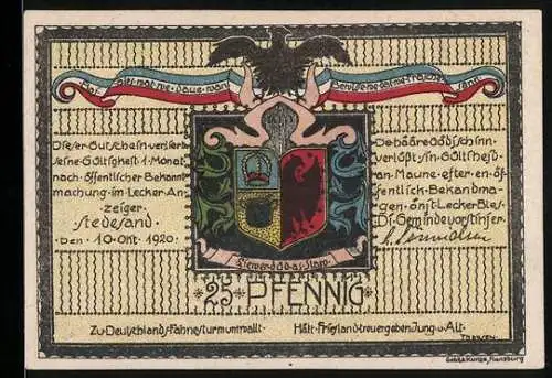 Notgeld Stedesand 1920, 25 Pfennig, Wappen und Bauernhaus mit Feld