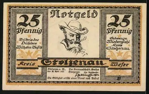 Notgeld Stolzenau 1921, 25 Pfennig, Portrait Wilhelm Busch
