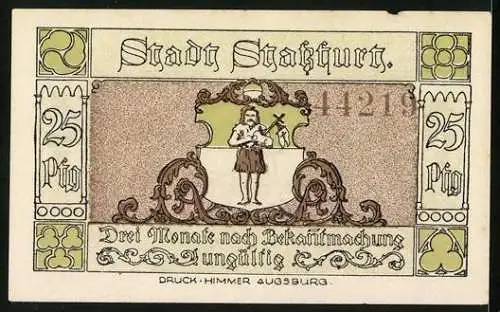 Notgeld Stassfurt 1921, 25 Pfennig, Wappen und Anlegen von Bohrlöchern