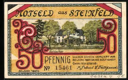 Notgeld Steinfeld 1921, 50 Pfennig, Goldacker und Urnen- und Tingstätte Chollacker