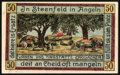 Notgeld Steinfeld 1921, 50 Pfennig, Goldacker und Urnen- und Tingstätte Chollacker