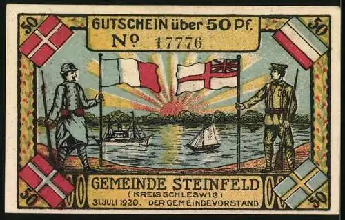 Notgeld Steinfeld 1920, 50 Pfennig, Wappen und Boote auf dem Wasser