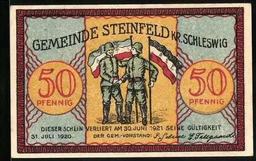 Notgeld Steinfeld 1921, 50 Pfennig, Soldaten und fallende dänische Flagge