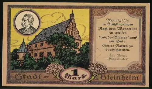 Notgeld Steinheim 1921, 1 Mark, Sparkasse und altes Gebäude