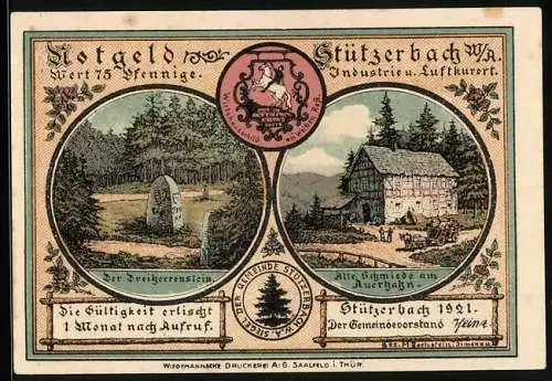 Notgeld Stützerbach W. A. 1921, 75 Pfennig, Dreiherrenstein, Alte Schmiede und Runkelrüben-Vogel-Compagnie