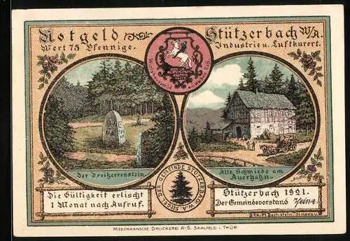 Notgeld Stützerbach W. A. 1921, 75 Pfennig, Dreiherrenstein, Alte Schmiede und Blaserohr-Vogelschiessen