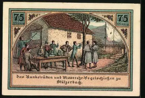 Notgeld Stützerbach W. A. 1921, 75 Pfennig, Dreiherrenstein, Alte Schmiede und Blaserohr-Vogelschiessen