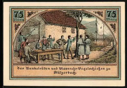 Notgeld Stützerbach W. A. 1921, 75 Pfennig, Dreiherrenstein, Alte Schmiede und Blaserohr-Vogelschiessen