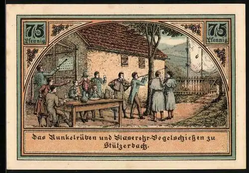 Notgeld Stützerbach W. A. 1921, 75 Pfennig, Blaserohr-Vogelschiessen, Dreiherrenstein, Alte Schmiede