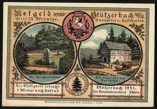 Notgeld Stützerbach W. A. 1921, 75 Pfennig, Runkelrüben und Blaserohr-Vogelschiessen, Dreiherrenstein, Alte Schmiede