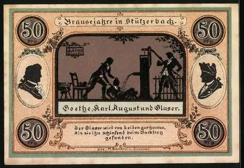 Notgeld Stützerbach W. A. 1921, 50 Pfennig, Goethe, Karl August und Glaser, Dreiherrenstein, Alte Schmiede