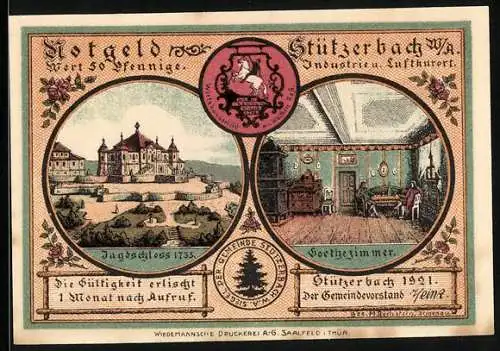 Notgeld Stützerbach W. A. 1921, 50 Pfennig, Goethe und Karl August, Jagdschloss und Goethezimmer