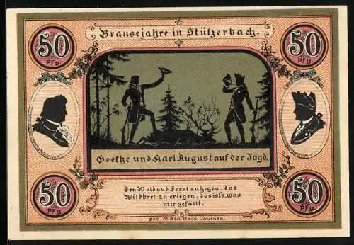 Notgeld Stützerbach W. A. 1921, 50 Pfennig, Goethe und Karl August, Jagdschloss und Goethezimmer