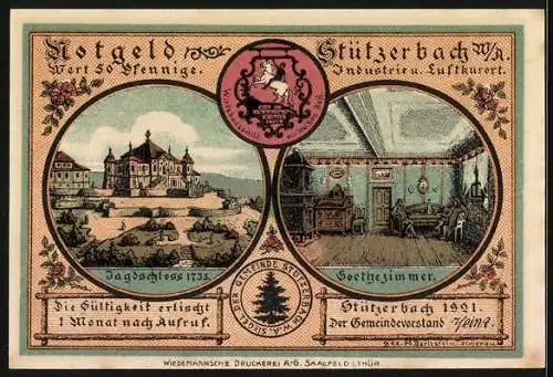 Notgeld Stützerbach W. A. 1921, 50 Pfennig, Goethe und Karl August auf Jagd, Jagdschloss und Goethezimmer