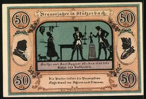 Notgeld Stützerbach W. A. 1921, 50 Pfennig, Goethe und Karl August, Dreiherrenstein und Alte Schmiede