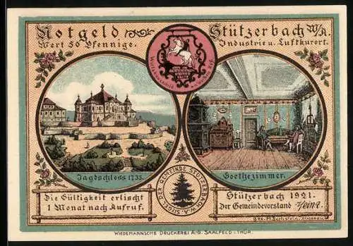 Notgeld Stützerbach W. A. 1921, 50 Pfennig, Nachtlager im finsteren Loch, Jagdschloss und Goethezimmer