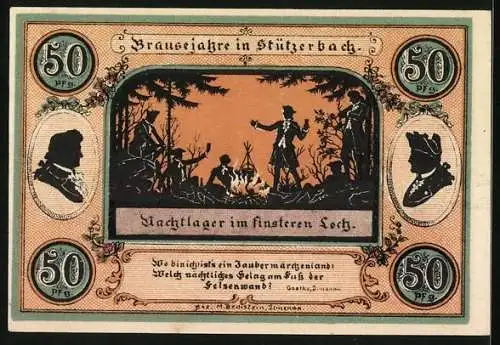 Notgeld Stützerbach W. A. 1921, 50 Pfennig, Nachtlager im finsteren Loch, Jagdschloss und Goethezimmer