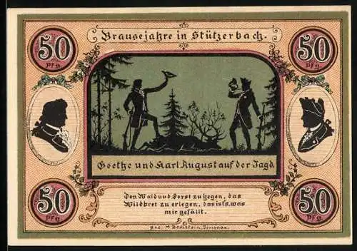 Notgeld Stützerbach W. A. 1921, 50 Pfennig, Goethe und Karl August, Goethezimmer und Jagdschloss