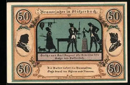 Notgeld Stützerbach W. A. 1921, 50 Pfennig, Goethe und Karl August, Alte Schmiede zum Auerhahn
