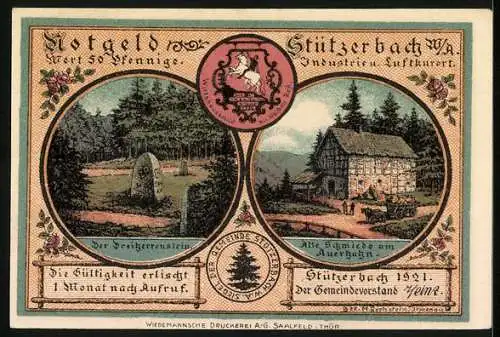 Notgeld Stützerbach W. A. 1921, 50 Pfennig, Goethe und Karl August, Alte Schmiede zum Auerhahn
