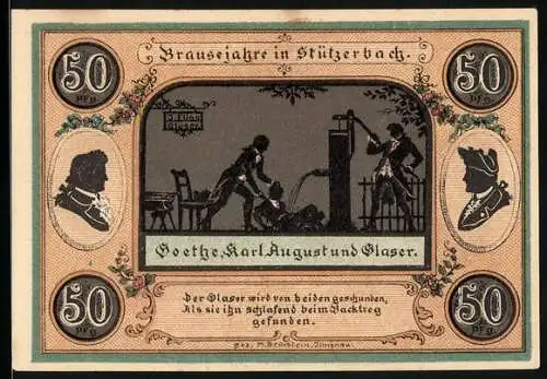 Notgeld Stützerbach W. A. 1921, 50 Pfennig, Goethe und Karl August, Alte Schmiede zum Auerhahn