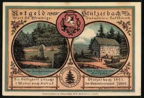 Notgeld Stützerbach W. A. 1921, 50 Pfennig, Goethe und Karl August, Alte Schmiede zum Auerhahn