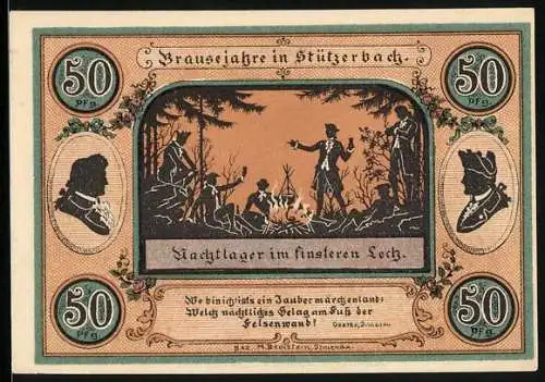 Notgeld Stützerbach W. A. 1921, 50 Pfennig, Nachtlager im finsteren Loch, Jagdschloss, Alte Schmiede