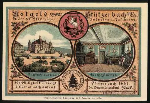 Notgeld Stützerbach W. A. 1921, 50 Pfennig, Nachtlager im finsteren Loch, Jagdschloss, Alte Schmiede