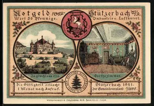 Notgeld Stützerbach W. A. 1921, 50 Pfennig, Goethe und Karl August auf Jagd, Goethezimmer und Jagdschloss