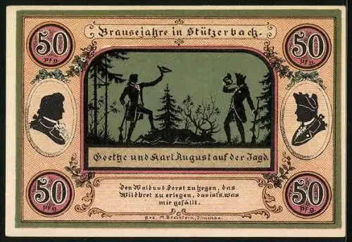 Notgeld Stützerbach W. A. 1921, 50 Pfennig, Goethe und Karl August auf Jagd, Goethezimmer und Jagdschloss