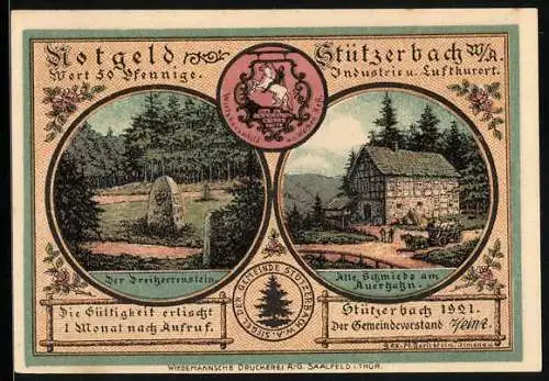 Notgeld Stützerbach W. A. 1921, 50 Pfennig, Goethe und Karl August, Alte Schmiede zum Auerhahn