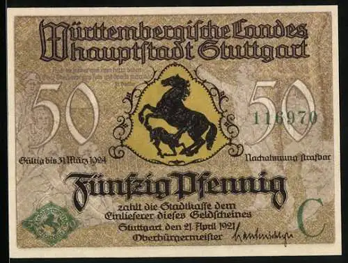 Notgeld Stuttgart 1921, 50 Pfennig, Wappen und Stadtansicht
