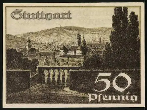 Notgeld Stuttgart 1921, 50 Pfennig, Wappen und Stadtansicht