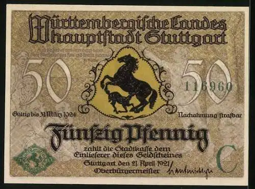 Notgeld Stuttgart 1921, 50 Pfennig, Wappen und Stadtansicht