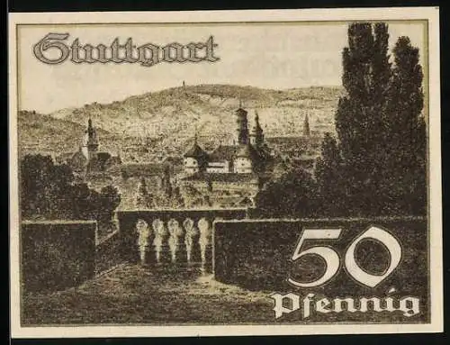 Notgeld Stuttgart 1921, 50 Pfennig, Stadtansicht und Wappen
