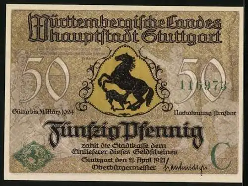 Notgeld Stuttgart 1921, 50 Pfennig, Stadtansicht und Wappen