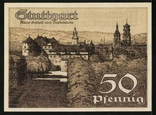 Notgeld Stuttgart 1921, 50 Pfennig, Stadtansicht und Wappen