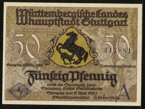 Notgeld Stuttgart 1921, 50 Pfennig, Altes Schloss und Stiftskirche, Wappen