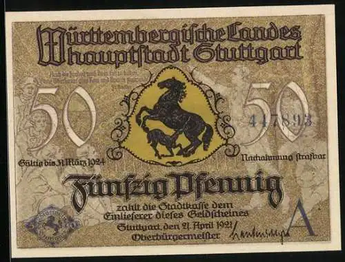 Notgeld Stuttgart 1921, 50 Pfennig, Altes Schloss und Stiftskirche, Wappen