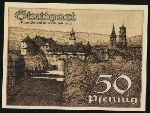 Notgeld Stuttgart 1921, 50 Pfennig, Altes Schloss und Stiftskirche, Wappen
