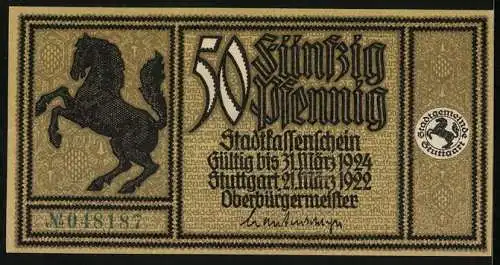 Notgeld Stuttgart 1922, 50 Pfennig, Der Nachrichterturm um 1700