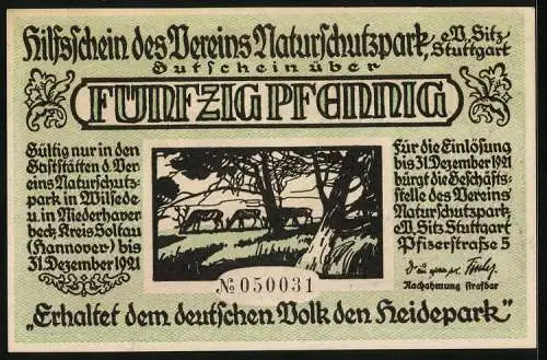 Notgeld Wilsede 1921, 50 Pfennig, Naturpark und Jäger in grauer Vorzeit