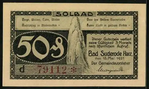 Notgeld Bad Suderode /Harz 1921, 50 Pfennig, Strassenpartie und Calcium-Trinkkuren